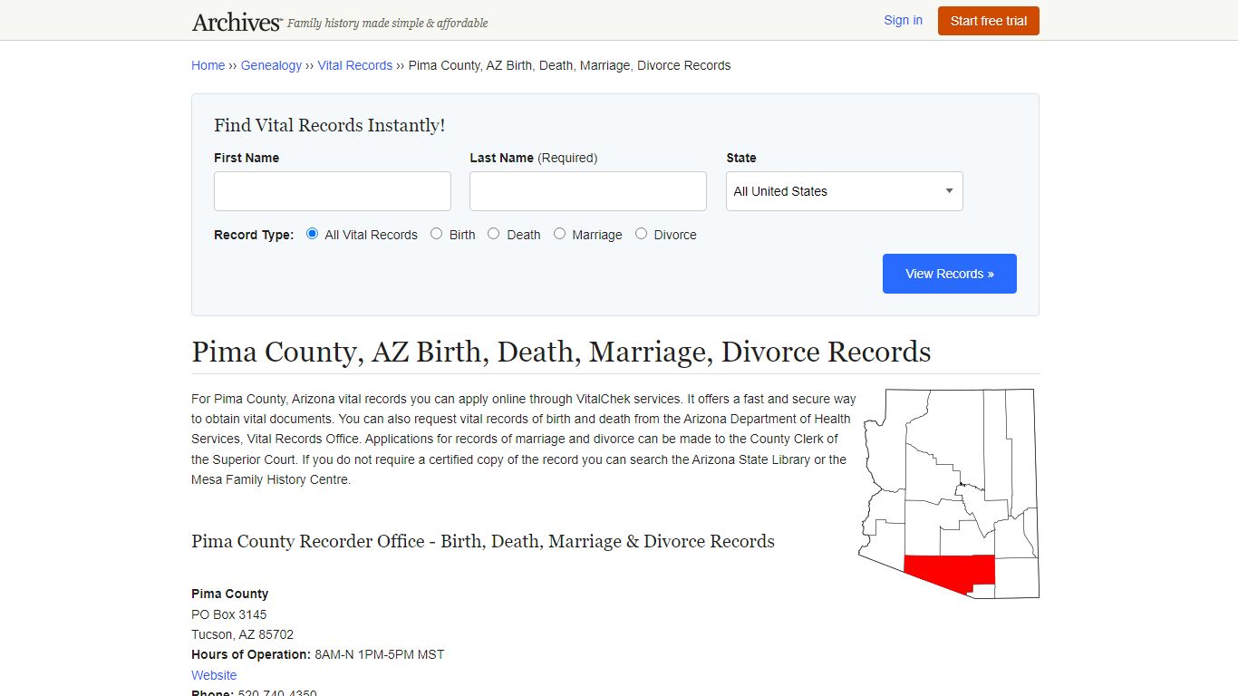Pima County, AZ Birth, Death, Marriage, Divorce Records